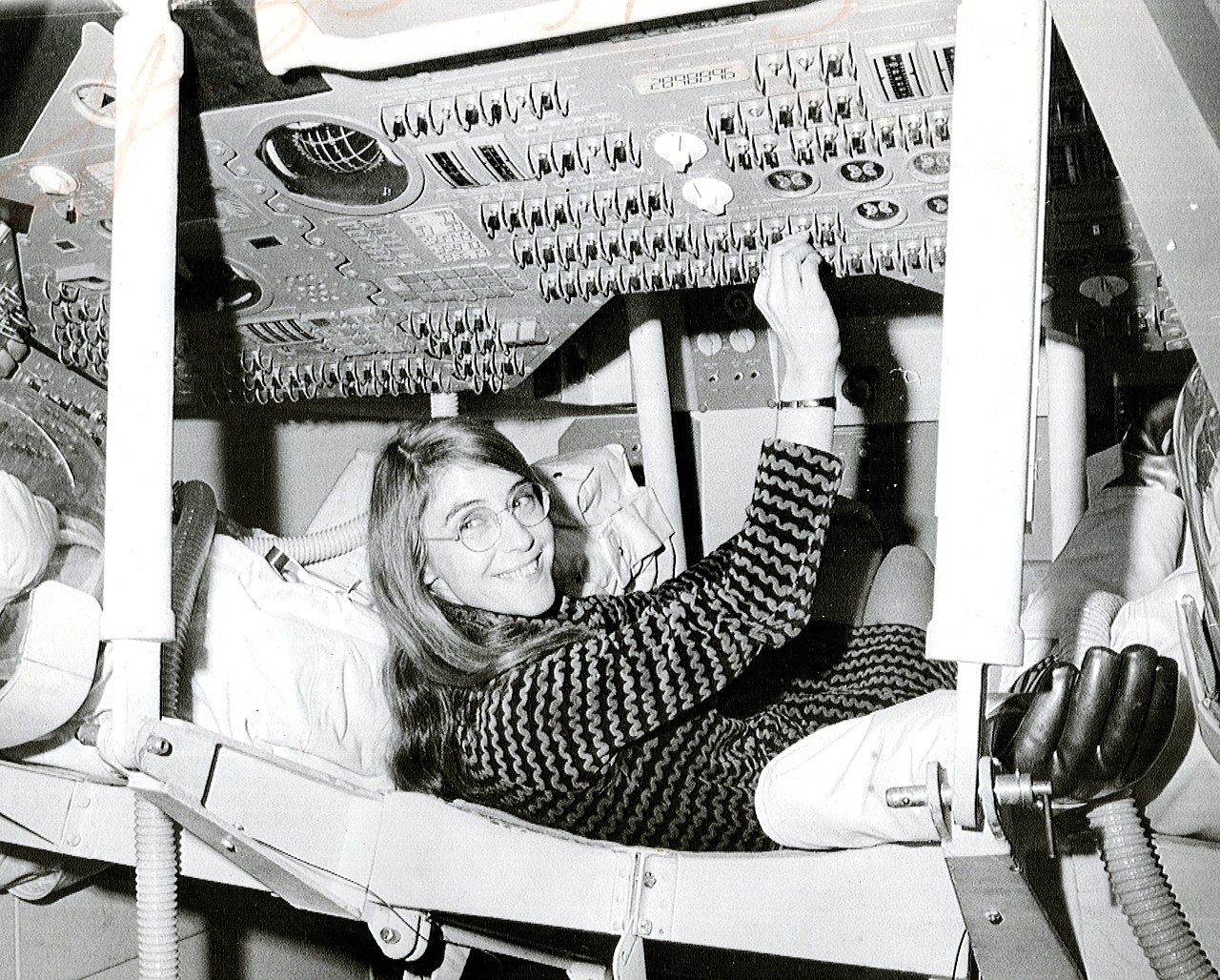 Photo of Margaret Hamilton working on the Apollo Command Module.
