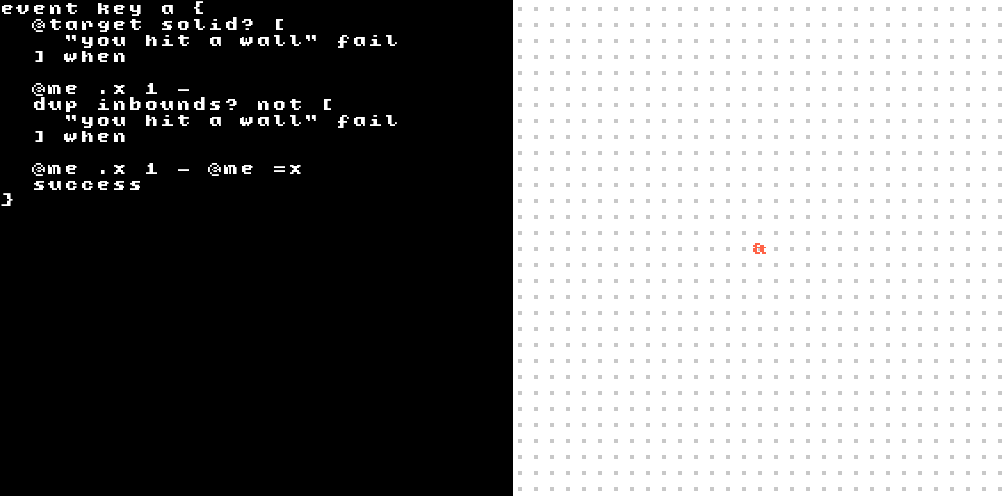 A screenshot of an older version of MOLD. This version shows a joy-like language with hypothetical code. It has no real meaning besides testing ideas for design.