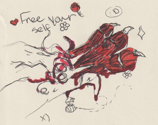 A drawing that reads "Free your self" with hearts and flowers and a little bee zipping around. The main image shows a feline paw shredding it's other arm, peeling away the skin revealing the muscle underneath.