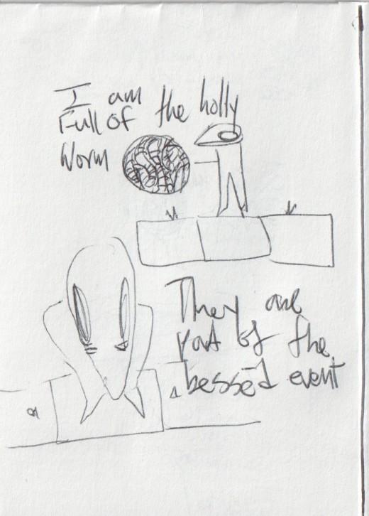 A mand stands atop grass blocks. A cutaway shows his belly is full of worms. 'I am full of the holly worm', he says. He stares at the view from a step overhead angle 'They are part of the blessed event.'