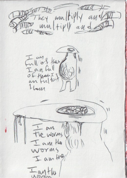 Worms squirm past the text that says 'They multiply and multiply and multiply'. The man shakes as he stands in place, gaze fixed to the distance. 'i am full of worms i am full of worms i am full of worms...', he repeates for ever on. He convulses as his throat, mouth, and head flood with worms. 'I am the worms I am the worms I am the worms', he chants.