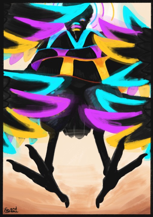 A digital painting. Ze Ro, a raven deity, stands above you;l it's robes flutter in the wind. A cyan one with triangles, a magenta one with half circles, and a yellow one with squares. Two pairs of wings wrap around it. Their each feather is tipped with either cyan, magenta, or yellow. They vibrate and glow with an other worldly power. Three halo's for behind it's head as it gaze down at you. Cyan, Magenta, Yellow.  It's eyes radiate the same spectrum. Ringed in cyan, magenta, and yellow. It's face is partially obscured but multiple eyes peer from behind one of the wings.  A deity stands before you.