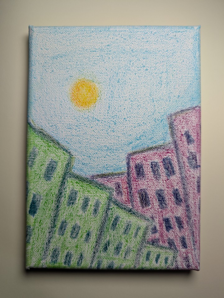 Buildings run at odd angles in ways that don't make physical sense. Green buildings run down to the right, behind them purple buildings run down to the left. The sun shines above as if you are looking towards its warmth on a chilly day.