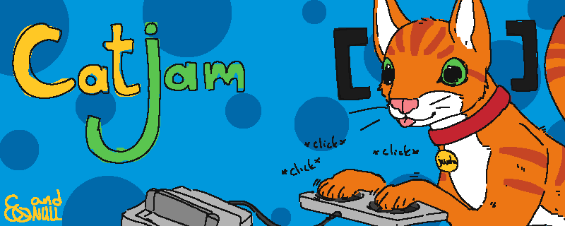 A drawing of Juxta, a tabby combinator cat with square brackets to either side of its head, playing on an oversized control pad connecting to a SNES. It's fixated on an offscreen television set blepping and clicking away at the controller. Text on the screen reads "Catjam".