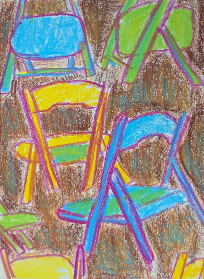 A collection of neon green, yellow, and cyan chairs outlined in bright magenta. Each chair is drawn at chaotic and warping perspectives. The background is dark brown with a slight slurry of blue and yellow scribbled in.