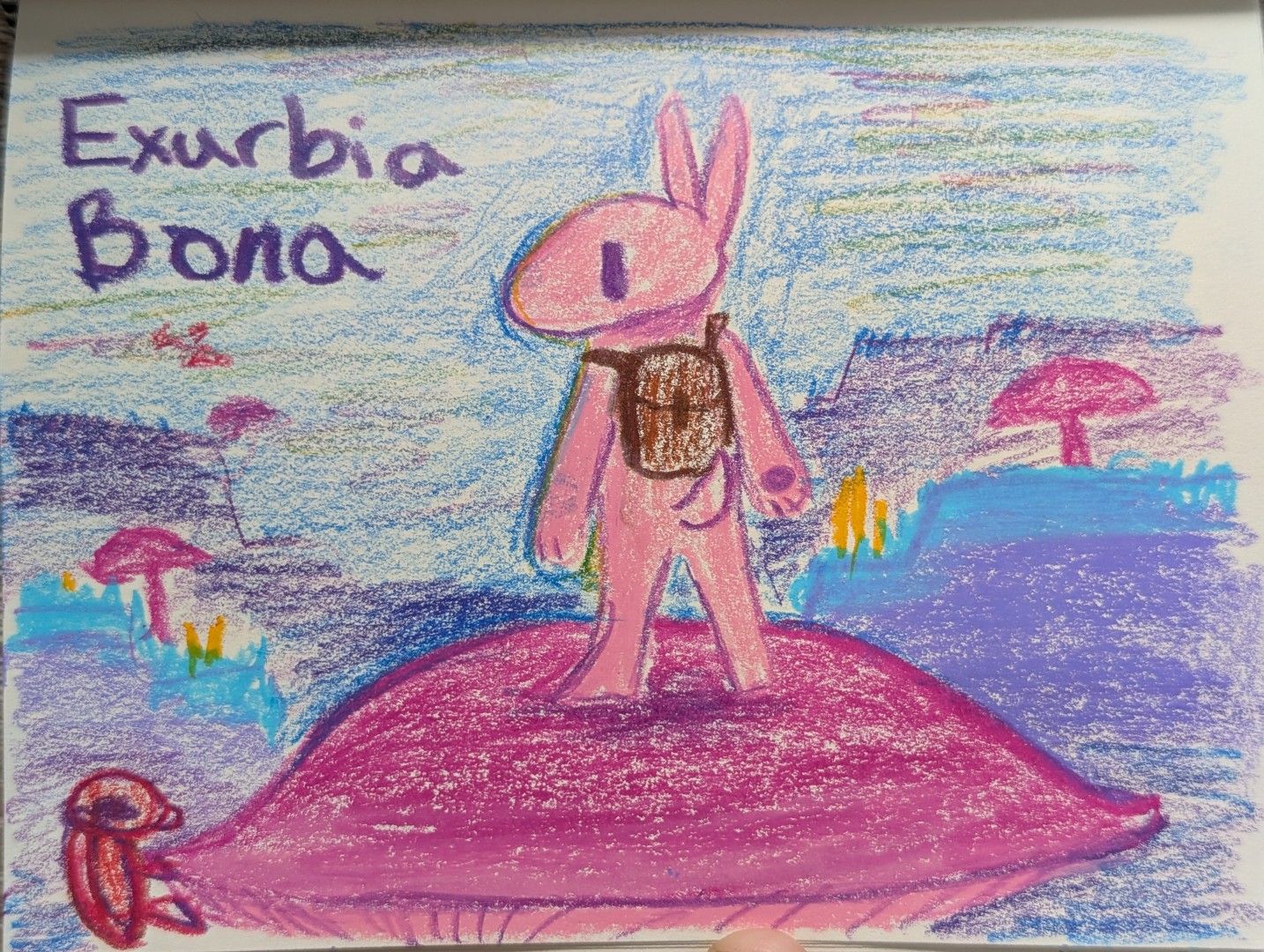 A pink rabbitoid creature stands atop a large purple mushroom cap. It over looks a rolling landscape of blue grass, purple mushrooms, and yellow fungal growths. A small bug crawls up the cap and another bug flies in the distance.