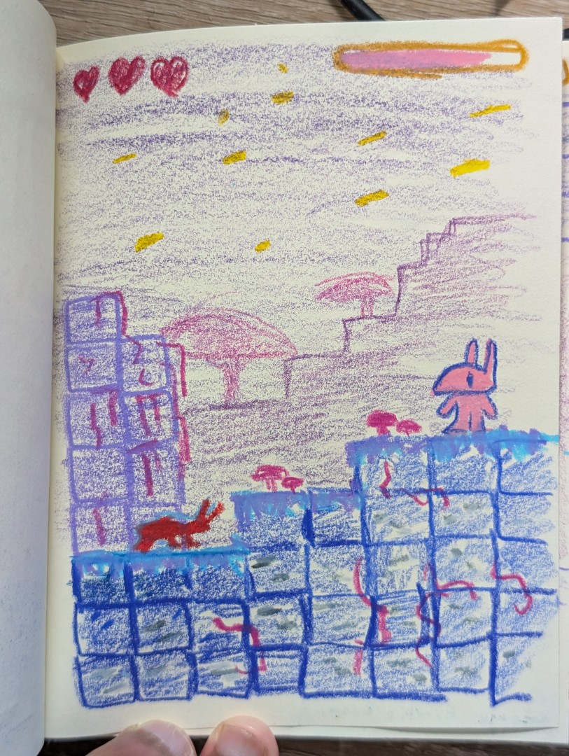 A drawing of a screenshot of Exurbia Bona. The world of Exurbia Bona is tiled based with a cool palette. The tiles of dirt have threads of purple mycelium threading through them. The main character, Bona a pink rabbitoid creature, stands atop a short hill. A large red bug scuttles across the ground at the base of the hill. Pink mushrooms and blue grass grow from the ground. In the distance hills and large mushroom trees can be seen under a starry night. The UI of the game includes 3 hearts and a small pink 'power bar'.