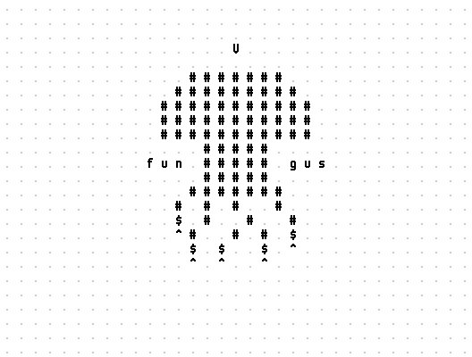 An ASCII art drawing of a mushroom. It splits the name, fungus, of the language in half. fun is to the left, gus is to the right.