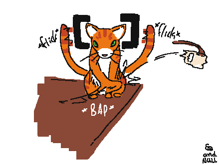 Juxta, an orange tabby with floating square brackets around its head, glares at the viewer. His tail flicks from side to side as he flings a coffee mug off the table.