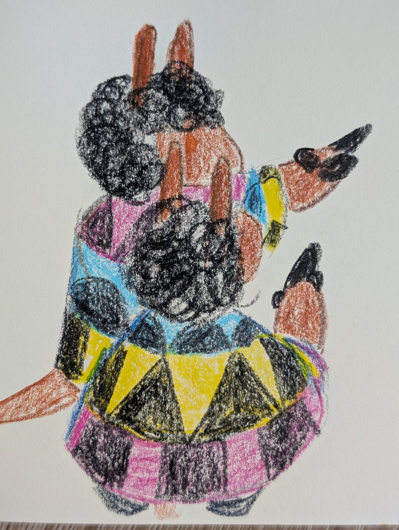 A pair of ands wearing tricolor robes each with a band of cyan, magenta, and yellow in different orders. Each band has a simple shape on it: triangles, half circles, and squares.