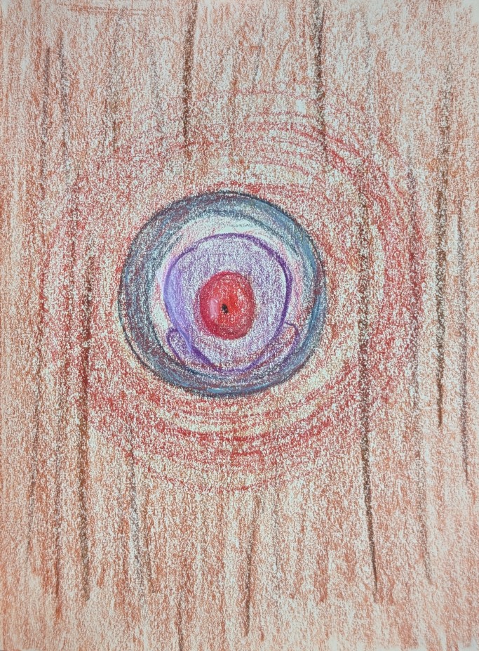 A wax pastel drawing in first person.  You peer through the peak hole of your wooden door. On the other side is a purple creature with a singular searing scarlet eye. The eye radiates a dreadful glow through the peek hole as it stares into you from the other side.