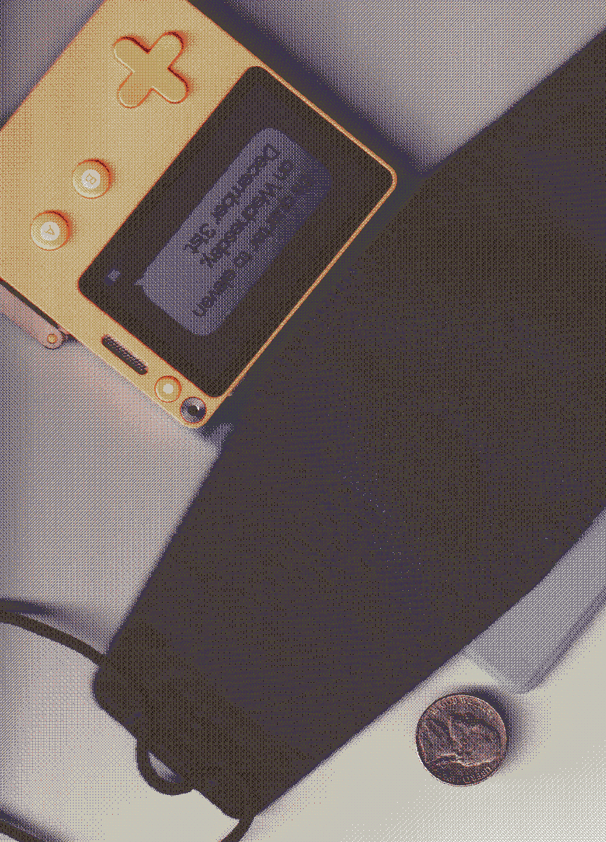 A dithered and post-processed image of a nickle, a playdate, and a face mask strewn about an image scanner in some kind of aesthetically nice way (while looking kinda random).