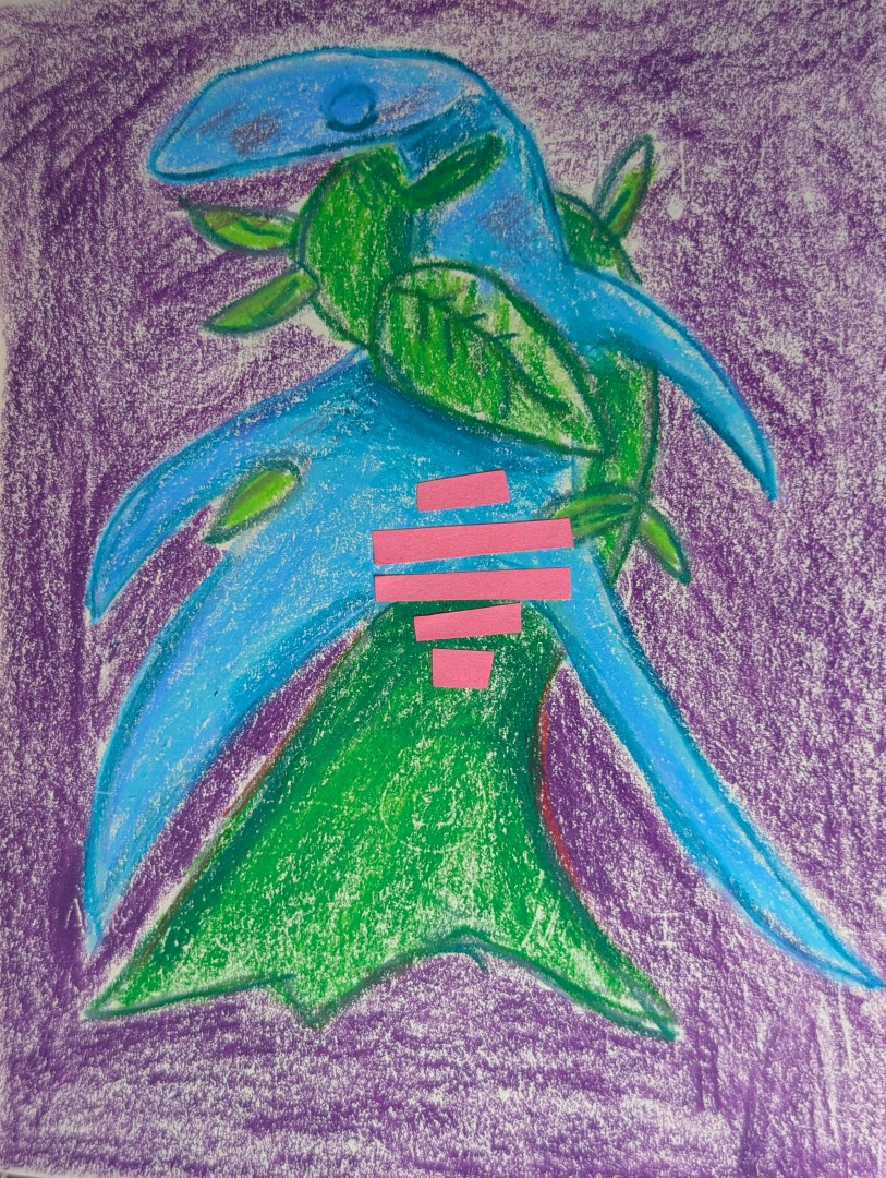A blue figure stands blushing, eyes closed, legs splayed open as a green vine coils around it. Pink bars run across it's crotch acting as crude sensor bars.