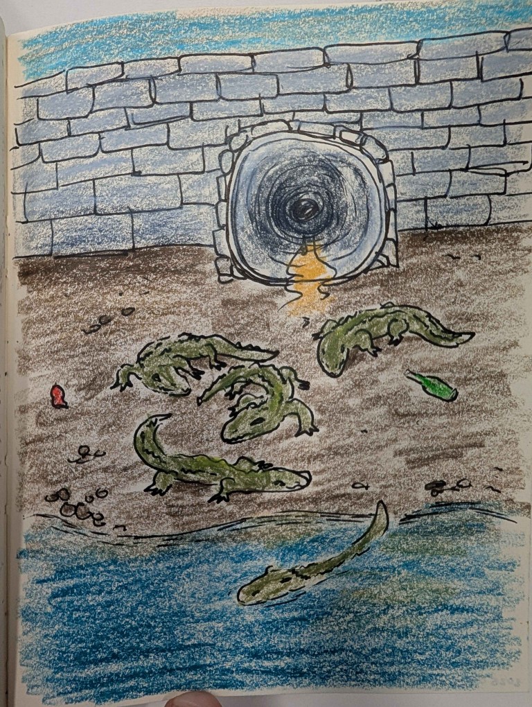 A collection of gators sit around a polluted water front. Behind them is a stone wall with a sewer drain leaking putrid water.
