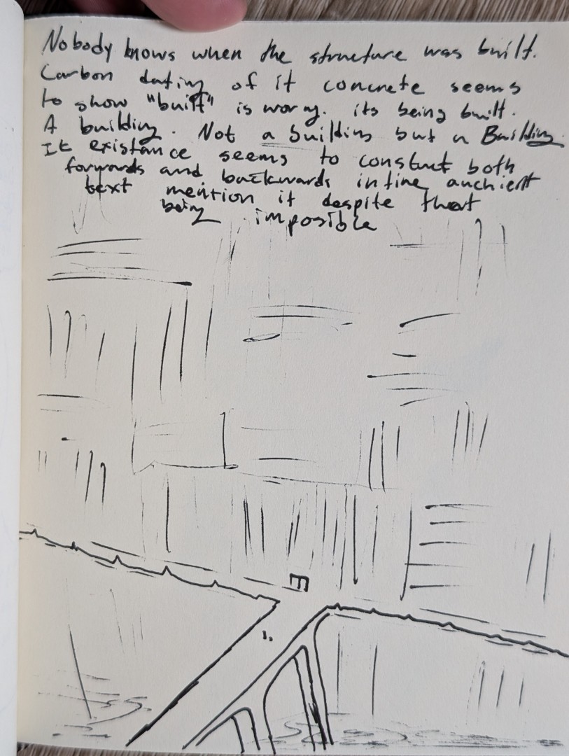 A bridge leads to a large, expansive, concrete structure. It spans off the page, its edges unseeable in all directions. On the bridge, a pair of people approach a pair of sliding doors at the "front" of the building.