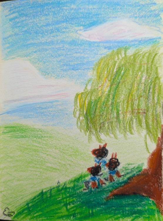 A crayon drawing of some ands sitting under a willow tree looking off into the distance.