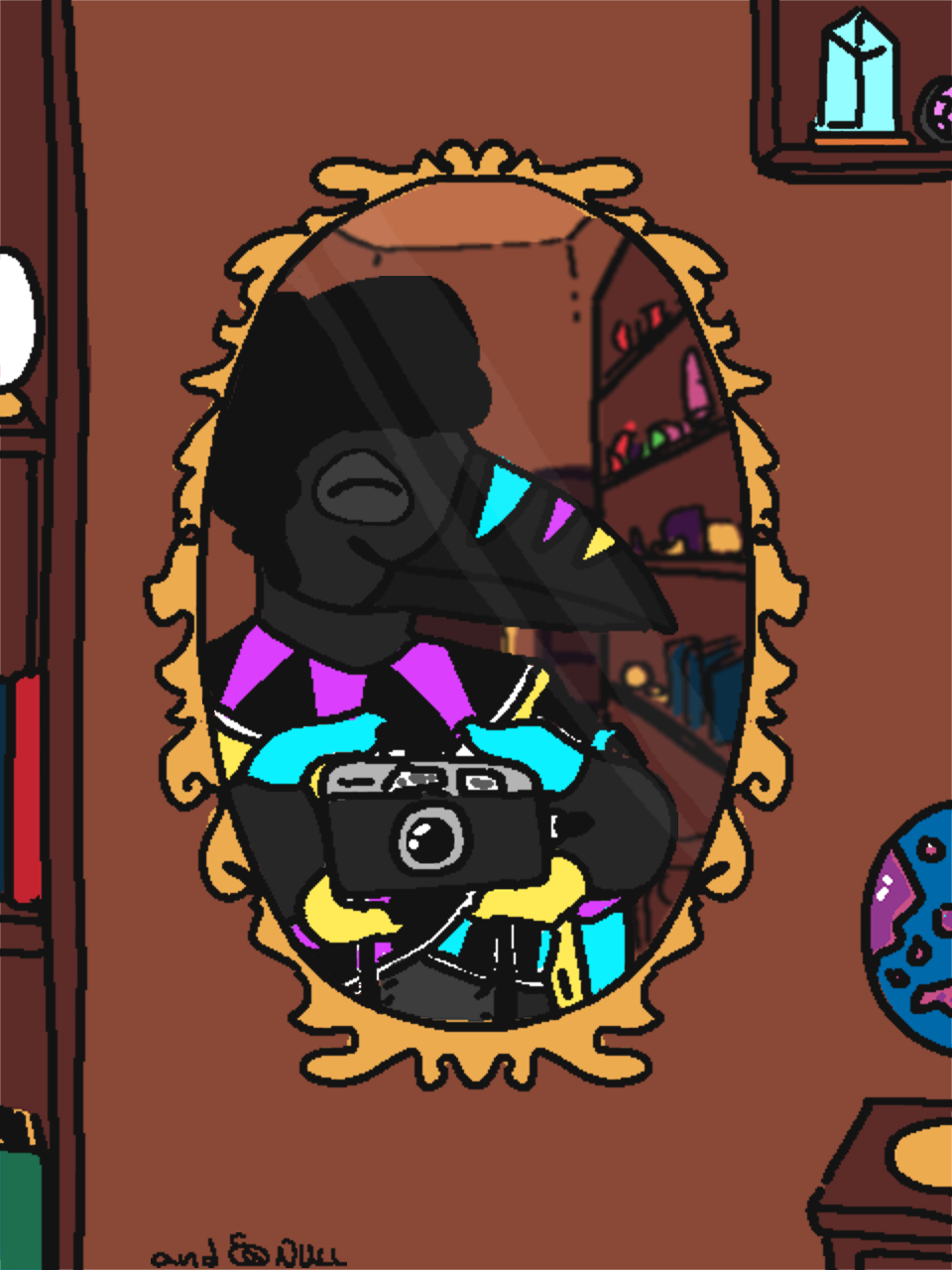 A raven with cyan magenta and yellow marks on its beak and fingers holds a camera towards a mirror. It smiles as it snaps a photo of itself. The mirror shows shelves and a doorway behind it. Around the mirror bits and pieces of other items can be seen. A shelf with crystals on it, a globe of a planet for some other world, a snow globe and books on bookcase.