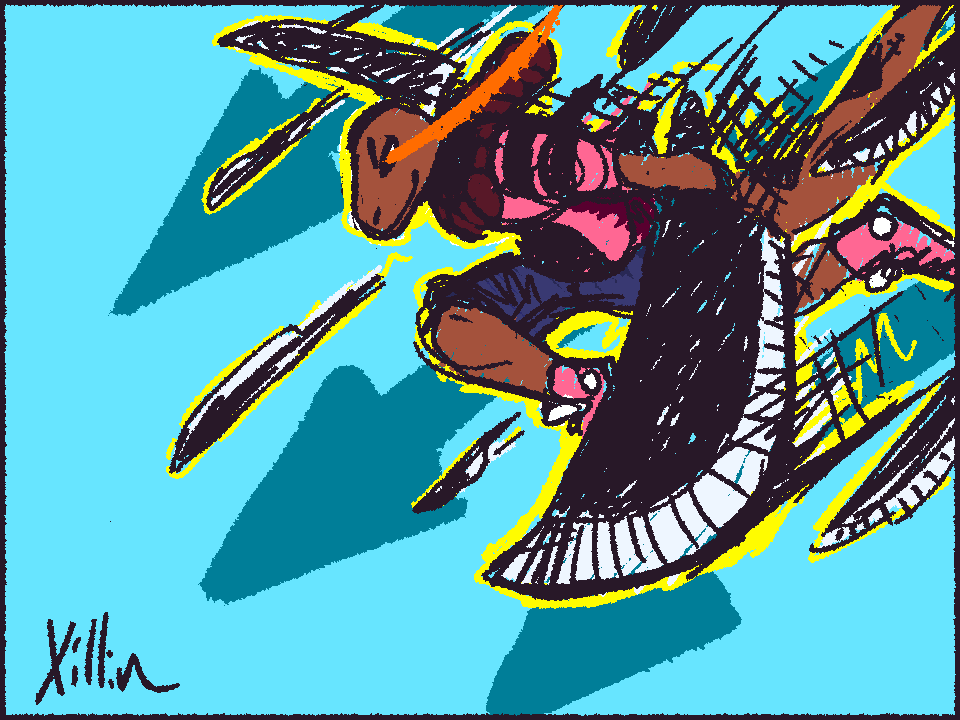 Suli, a brown lizard with a diamond pattern down their tail, a pink t-shirt with a triangle and two stripes on one arm, and some sneakers, leaps downwards with multiple blades trailing behind them. Suli, a brown lizard with a diamond pattern down their tail, a pink t-shirt with a triangle and two stripes on one arm, and some sneakers, leaps downwards with multiple blades trailing behind them.