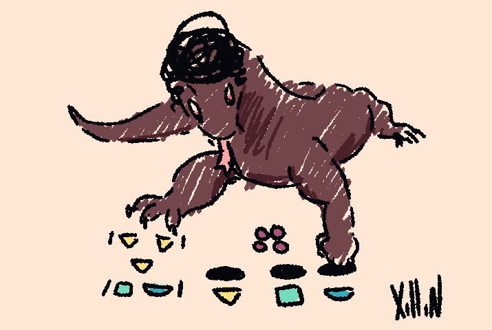 A afro'd monitor lizard laying on the ground. It's got some holes dug, some symbols drawn, a rule list made, and is moving pebbles between the wholes. It looks down at its computer with intense focuse. A afro'd monitor lizard laying on the ground. It's got some holes dug, some symbols drawn, a rule list made, and is moving pebbles between the wholes. It looks down at its computer with intense focuse.