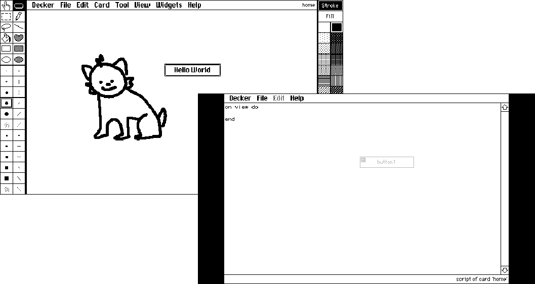two screenshot of decker. One shows a drawing with a cat (kinda) and a button that says 'hello world'. The second one shows the script editor with x-ray enable. The editor however only shows the button labelled with its name.