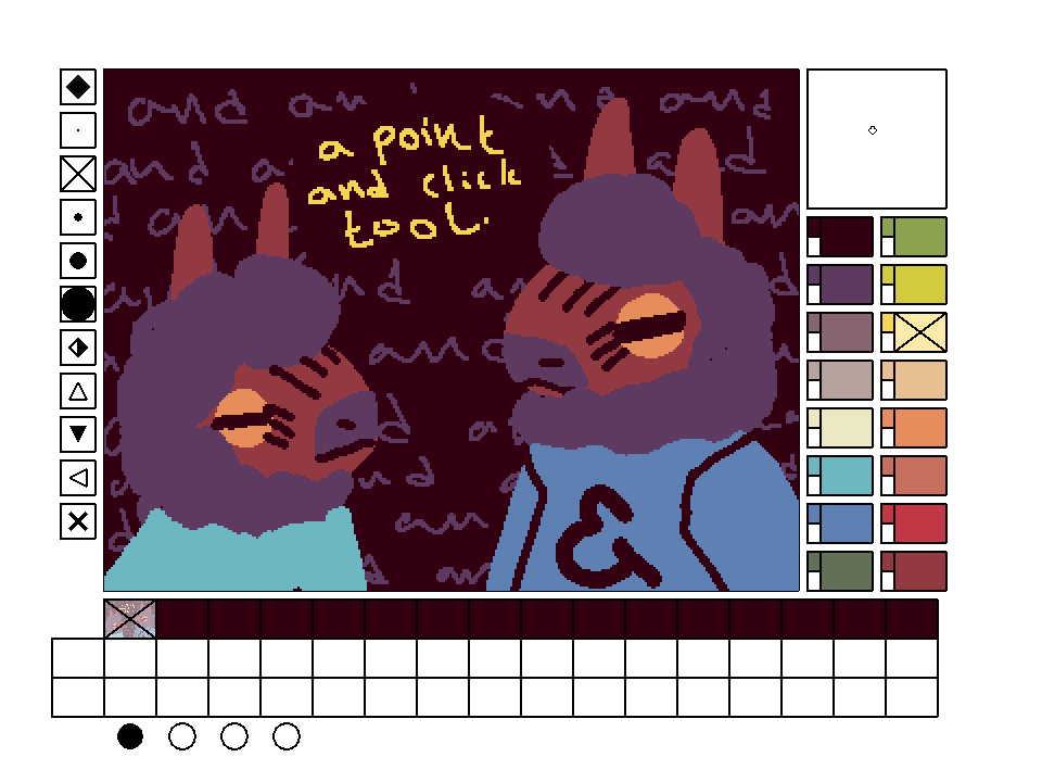A screenshot of a tool with multiple images (support for 64 images). Tools are listed down the left side using abstract shapes. The right has the various colors you can choose from. Each color has a switch next to it that controls the state that scene changes the color into. The bottom two rows of the image selector is used to control where colors take you when clicked. Text on the image reads ''a point and click tool''