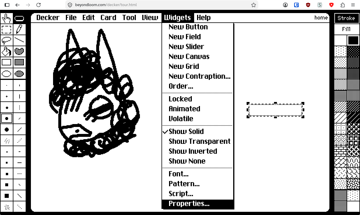 A screenshot of decker's widget drop down menu.