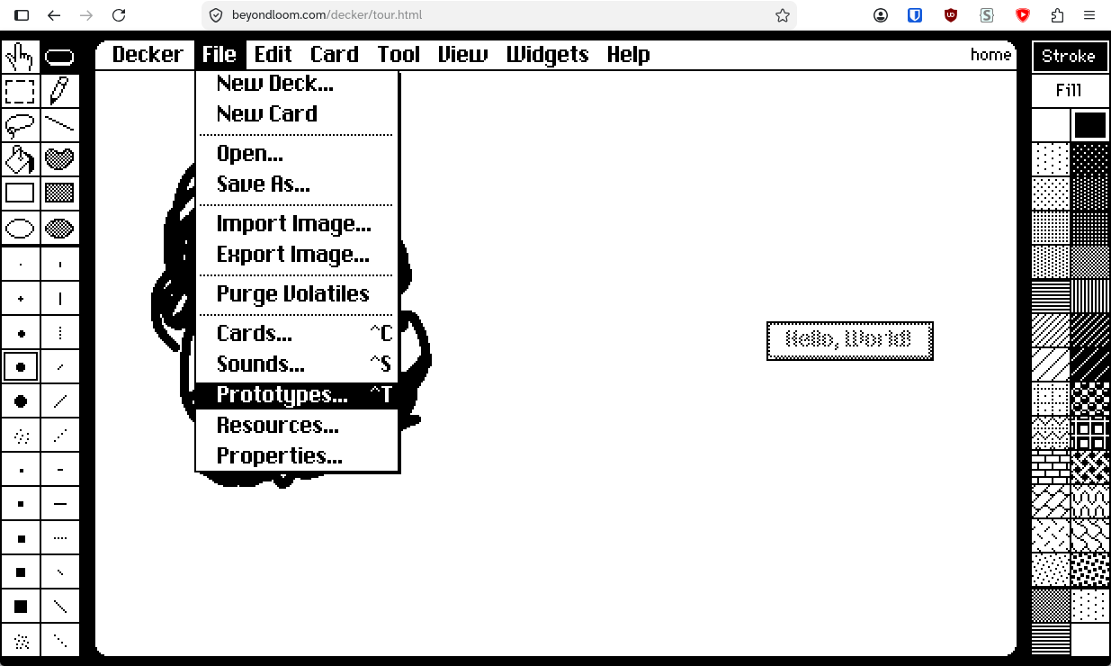 Screenshot of decker with the file menu open and the prototype option highlighted
