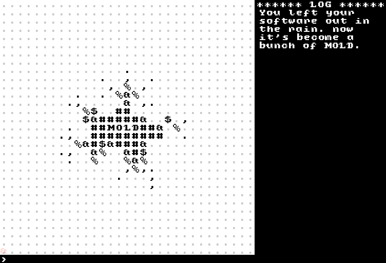A screenshot of MOLD showing it's logo in the editor. Text in the log reads "You left your software out in the rian. Now it's become a bunch of MOLD"
