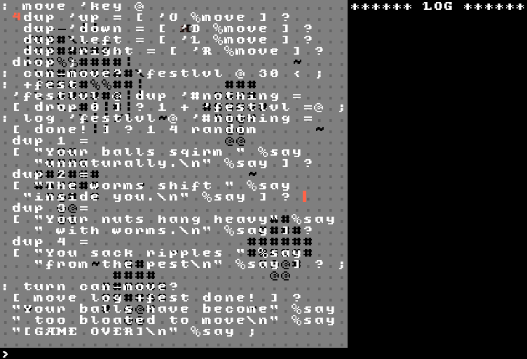 A script printing out the player status for a little lewd game that barely fits on the screen.