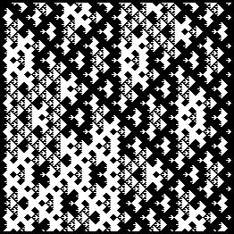 A picture of what the expression abs(((x + y) & (x - y)) % 24) > 9 plots. The image looks like a series of interlocking birds colored in black and white.