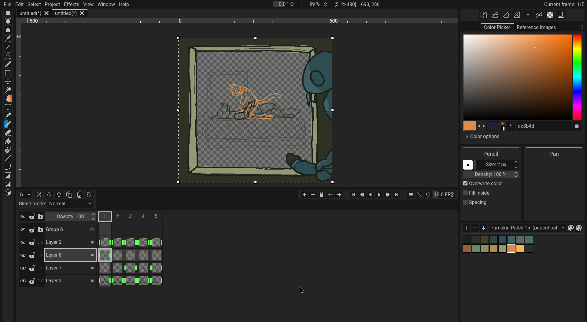 Screenshot of pixelorama with a work in progress animation for the player, and the people he is watching.