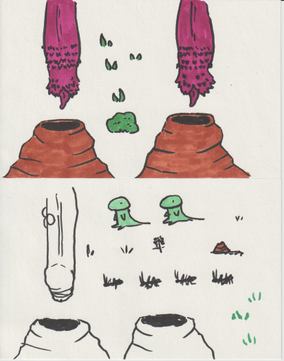 A scanned photo of the final sprite sheet with some unused sketches on the bottom page.