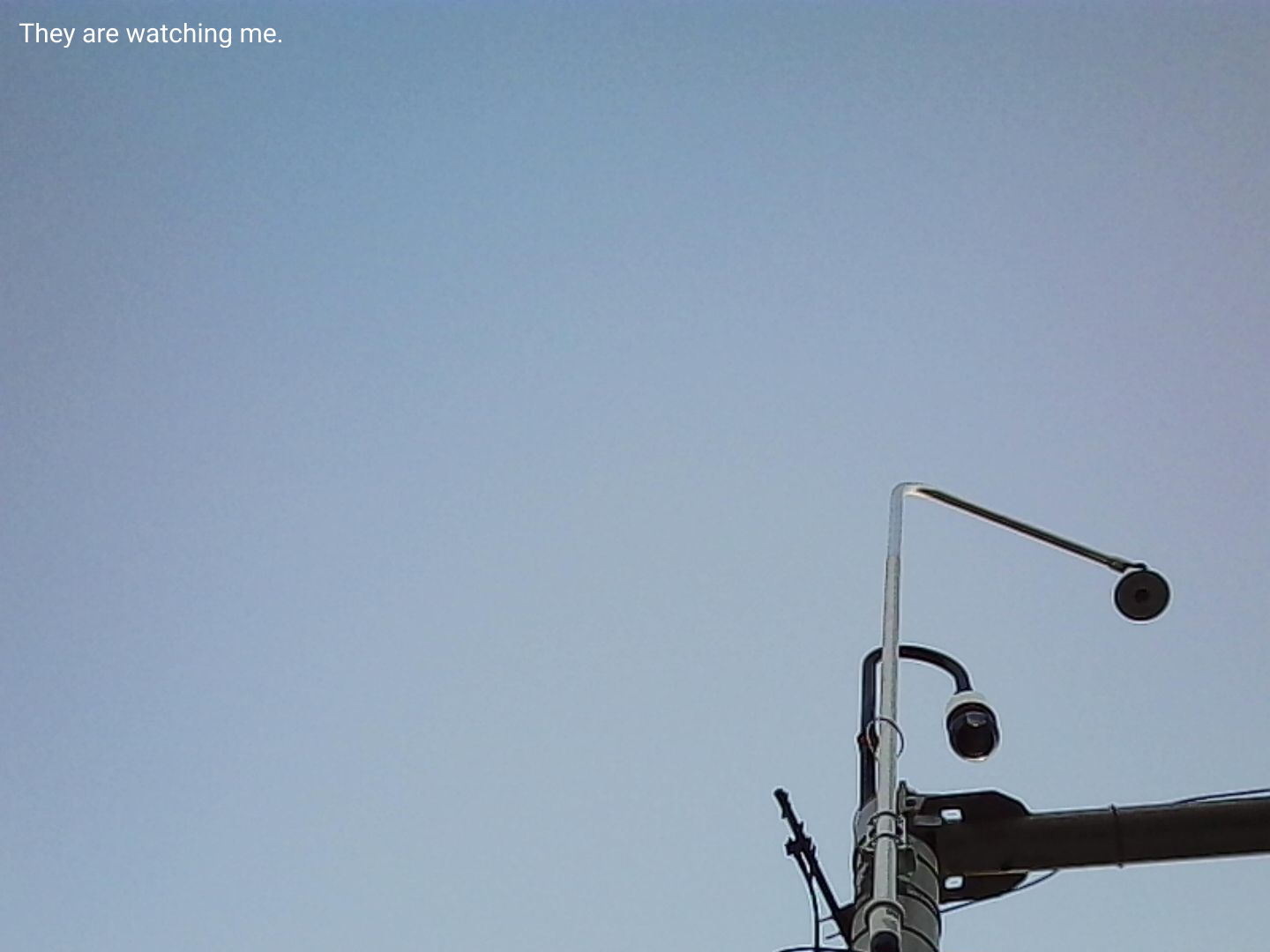 "They are watching me" text reads over top of a photo of the sky. Cameras atop a stoplight are resting in the bottom right corner.